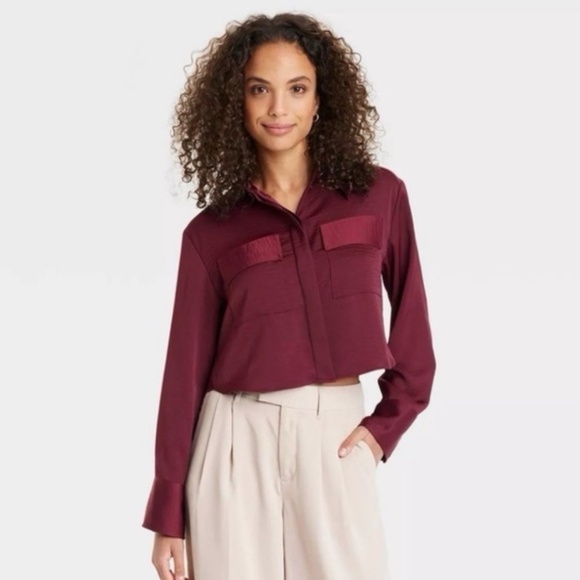 A New Day Women's Tops BURGUNDY Satin Cropped Button Down Large - Picture 1 of 4